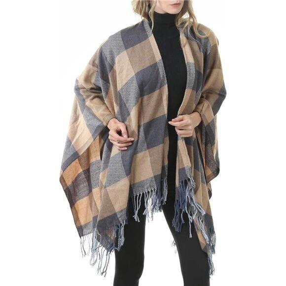 Khaki Plaid Printed Blanket Shawls Poncho Winter Open Front Wrap Cape‎ Cardigan - Picture 1 of 6